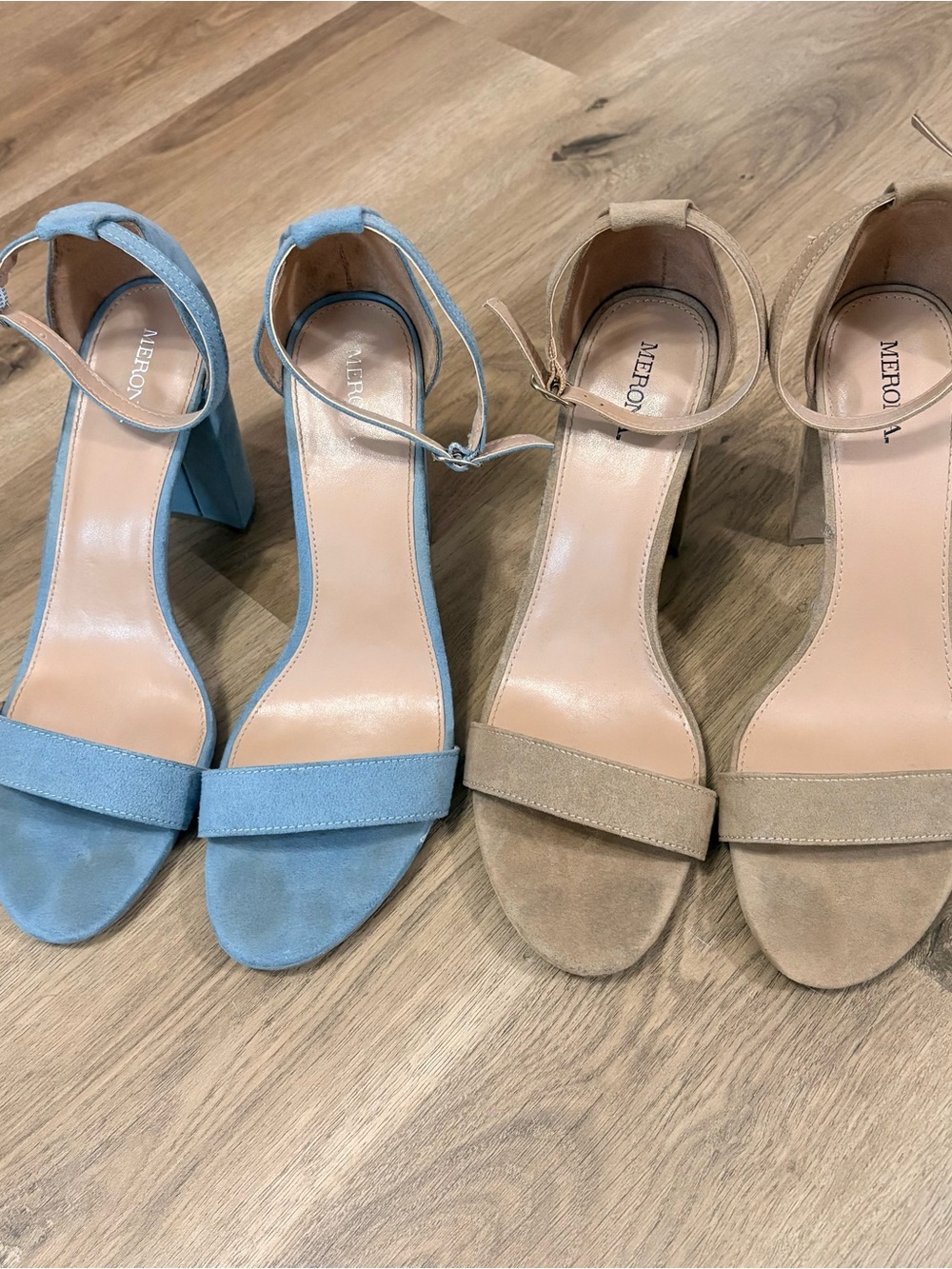 Merona Two-Tone Ankle-Strap Block Heels in Light Blue and Tan